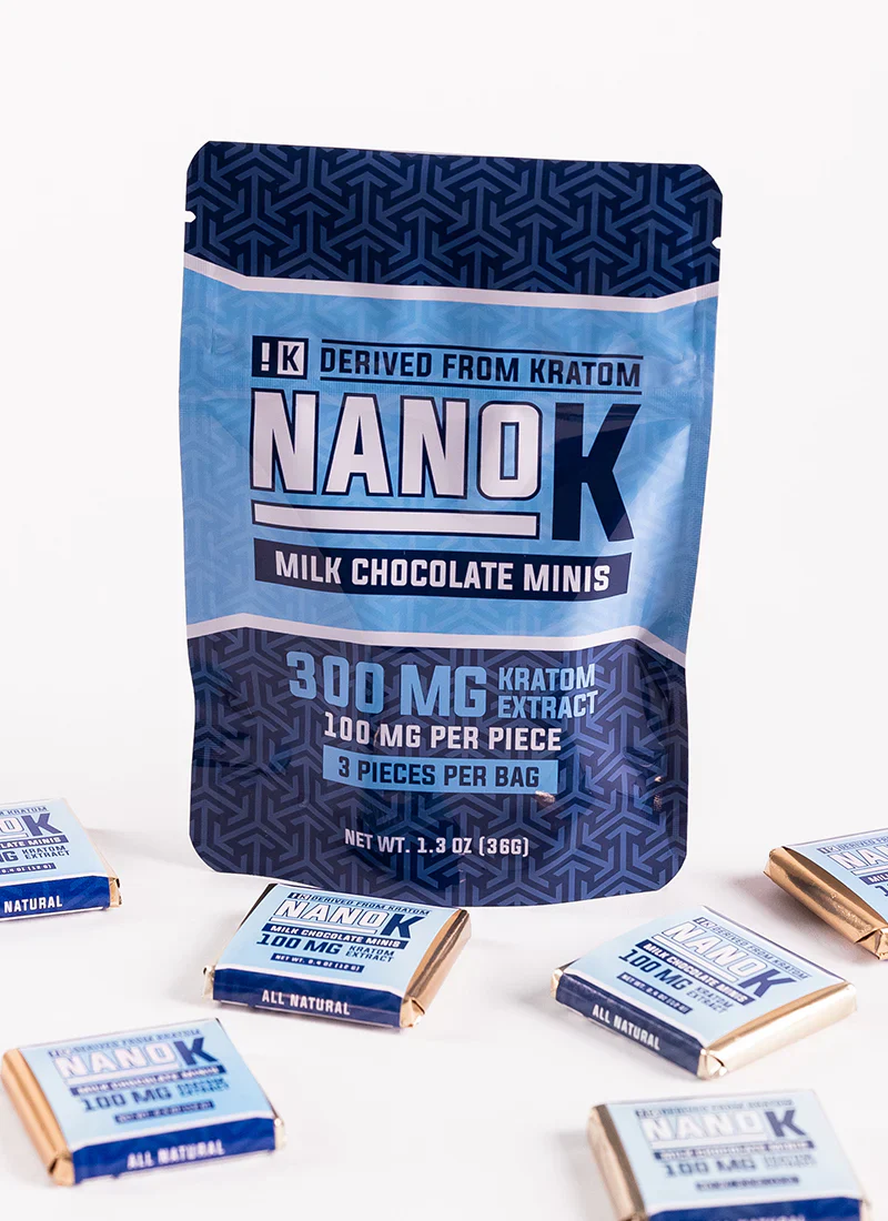 Nano K Kratom Extract Milk Chocolate Minis (3ct Bag) with loose chocolates in front