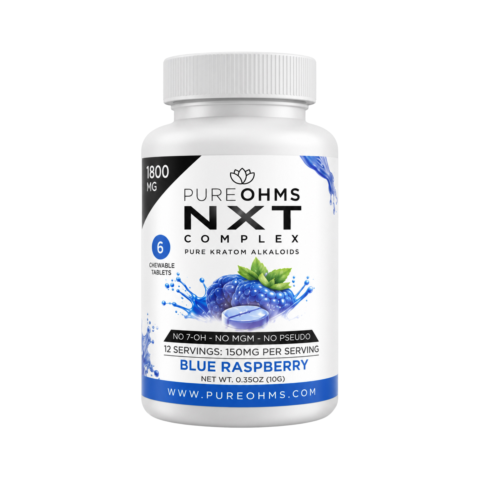 Pure Ohms NXT Complex Pure Kratom Alkaloids Tablets Blue Raspberry Bottle